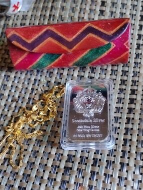 Scottsdale Silver .999 Fine Silver Plated Bar with Colorful Leather Case&24"GP C